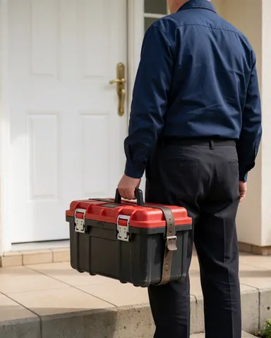 Électricien de maison vu de dos, tenant une boîte à outils rouge et noire, devant une porte blanche d'habitation.