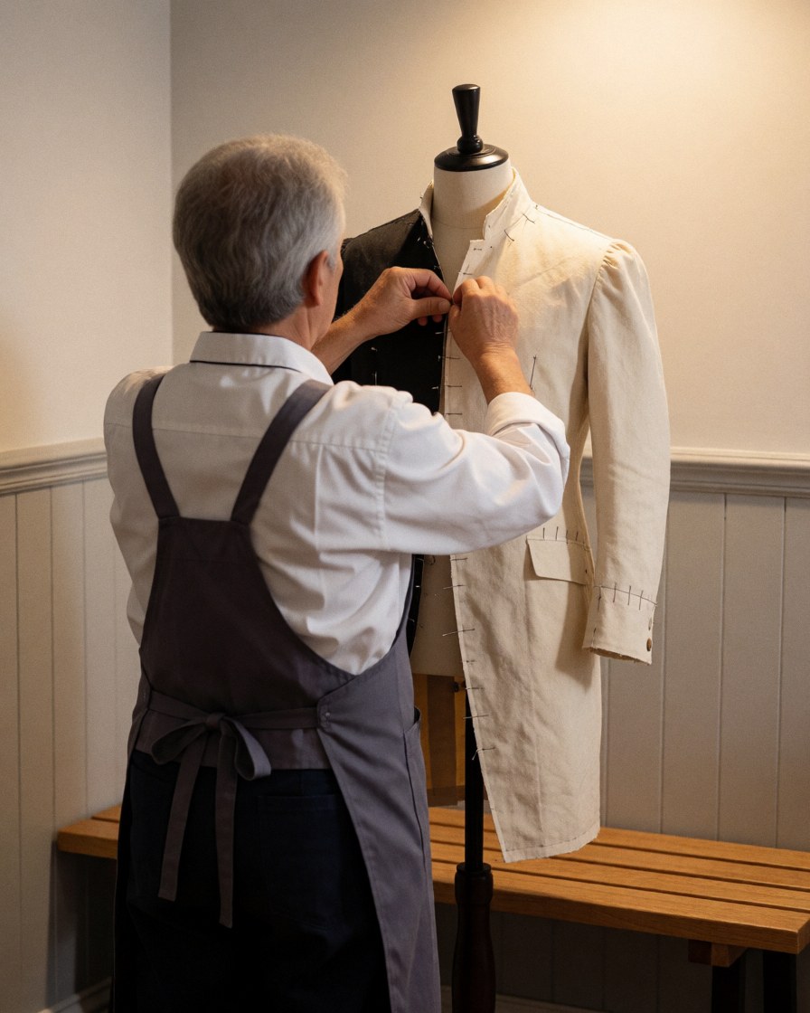 Un tailleur professionnel ajuste un costume sur un mannequin dans un atelier de couture avec des murs peints et un banc en bois.