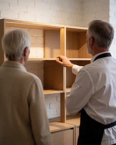 Une cliente et un professionnel examinent une étagère modulaire en bois clair dans un atelier de menuiserie aux murs de briques blanches.