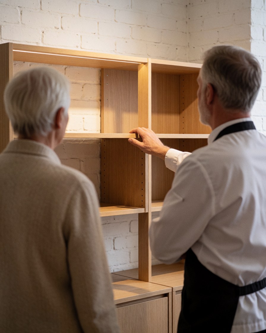 Une cliente et un professionnel examinent une étagère modulaire en bois clair dans un atelier de menuiserie aux murs de briques blanches.