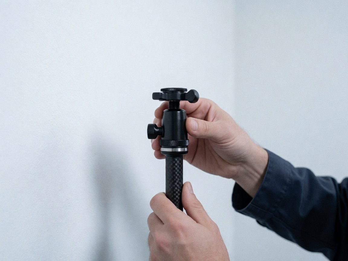 Main ajustant le mécanisme de verrouillage d'un monopod en carbone noir contre un mur blanc, éclairage froid professionnel pour photographe panoramique.