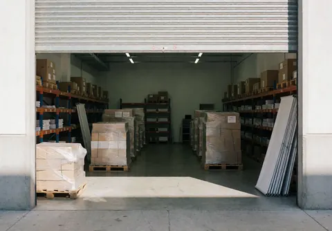 Vue de l'entrée d'un entrepôt d'imprimerie avec des palettes de papier et des étagères industrielles sous un éclairage artificiel.