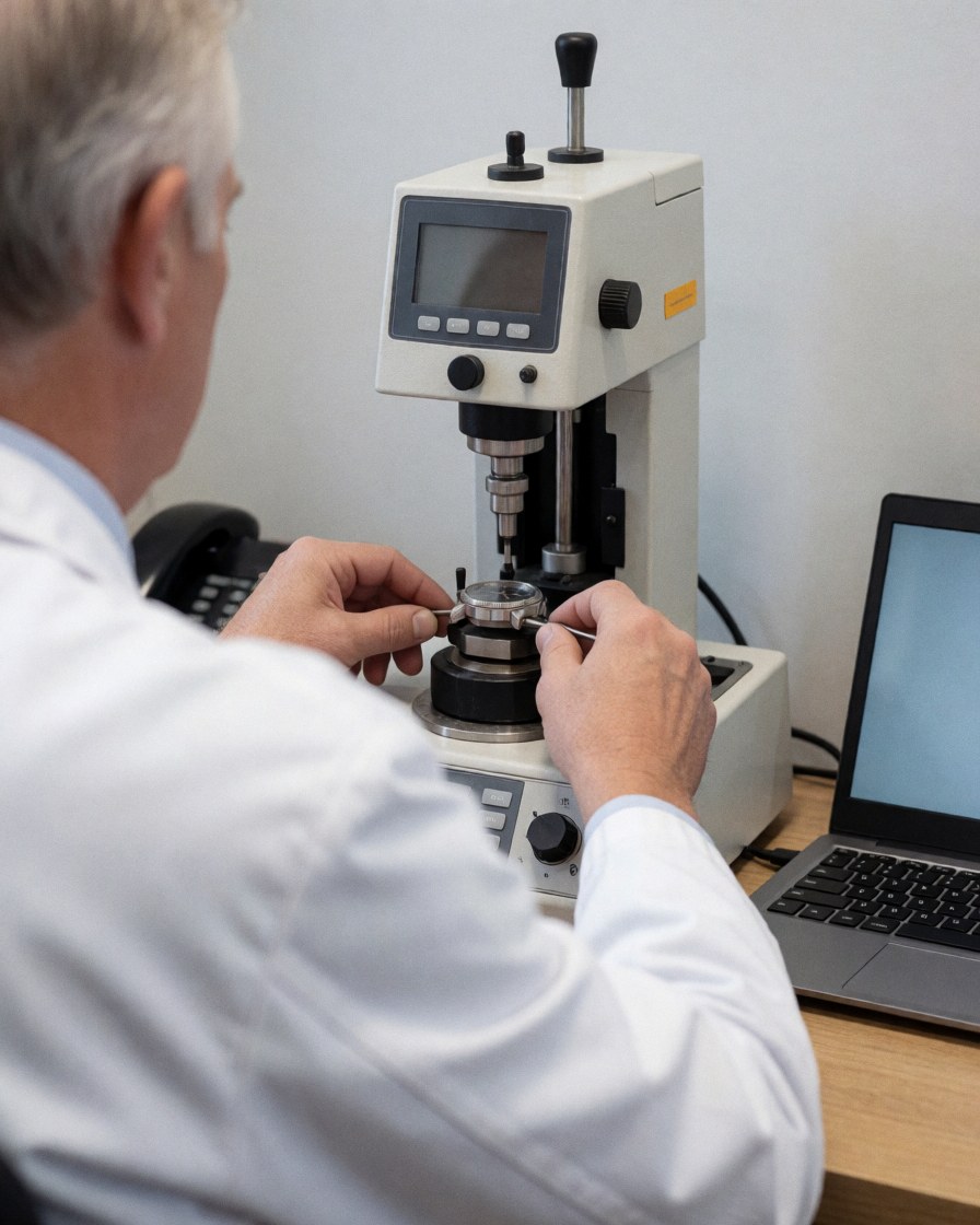 Un technicien ajuste une montre dans un atelier propre et organisé, utilisant des outils de précision pour démontrer son professionnalisme et son attention au détail.