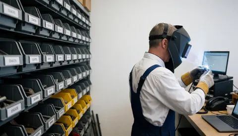 Atelier de réparation avec outils organisés sur des étagères, un professionnel travaille avec un poste à souder et un ordinateur.