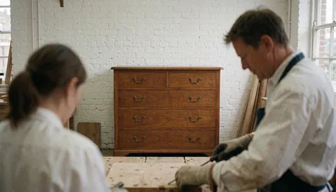 Un homme restaure un meuble en bois dans un atelier aux murs de briques blanches, avec des outils visibles.