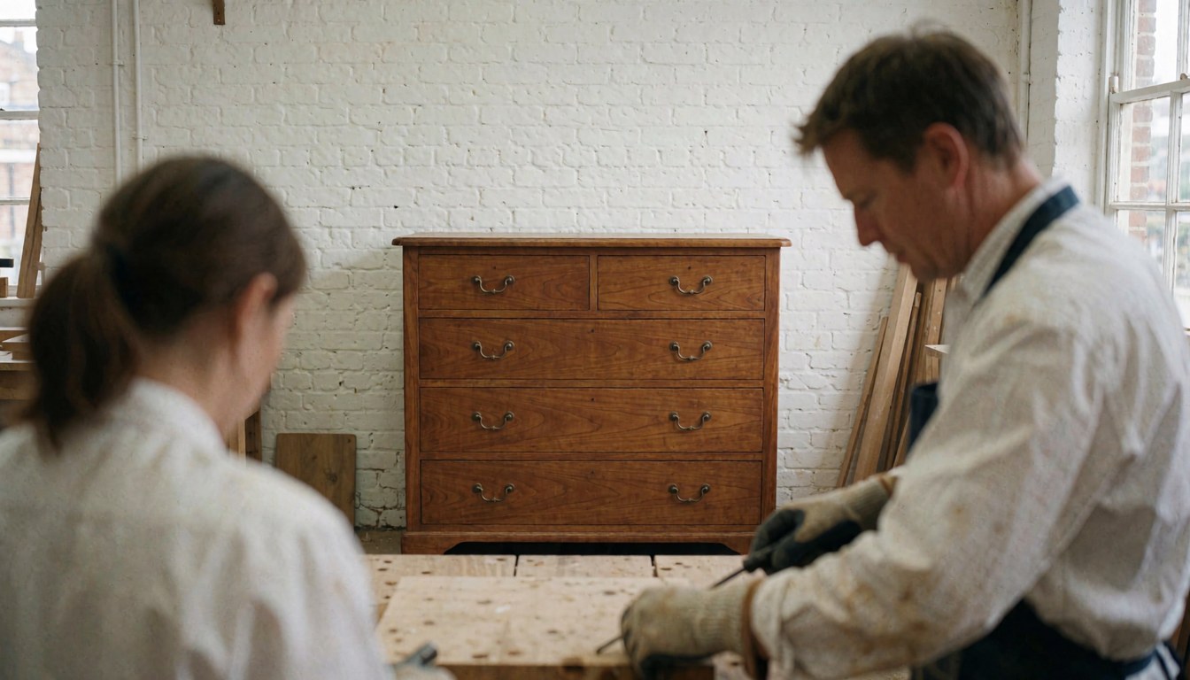 Un homme restaure un meuble en bois dans un atelier aux murs de briques blanches, avec des outils visibles.