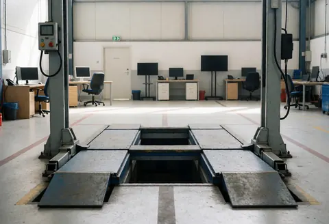 Plateforme hydraulique abaissée dans un garage automobile avec sol marqué et structure métallique, prête pour la réparation des pneus.