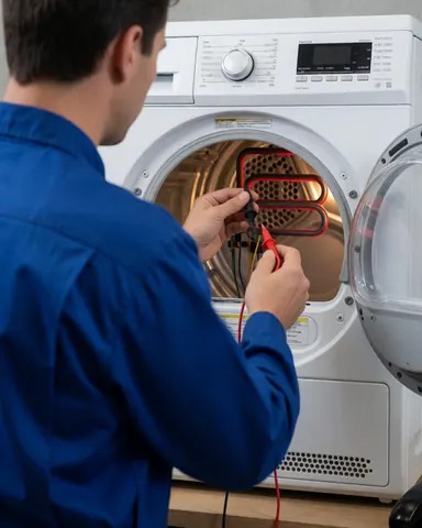 Technicien en uniforme bleu vérifie un élément de chauffage rouge dans un sèche-linge blanc à l'aide d'un multimètre dans un atelier bien éclairé.