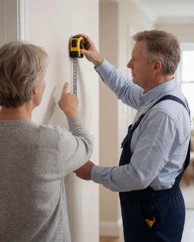 Un installateur de portes mesure une paroi intérieure en présence d'un client qui indique un point précis pour l'installation.