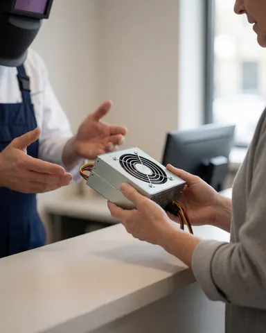 Un technicien portant un casque de soudage montre une alimentation réparée à un client dans un espace de réception bien éclairé.