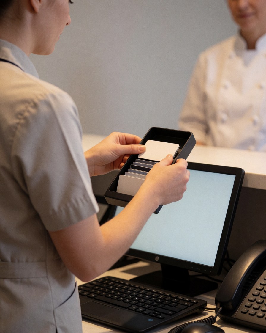 Réceptionniste d'auberge de jeunesse rangeant des clés sur un présentoir, avec un ordinateur et un téléphone sur le bureau.