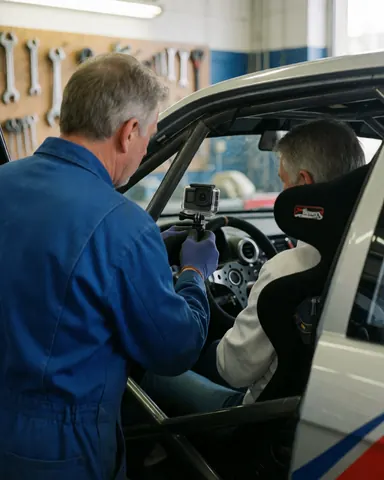 Mécanicien en combinaison bleue ajuste une caméra d'action à l'intérieur d'une voiture de course équipée d'un arceau de sécurité, dans un atelier avec des outils suspendus.