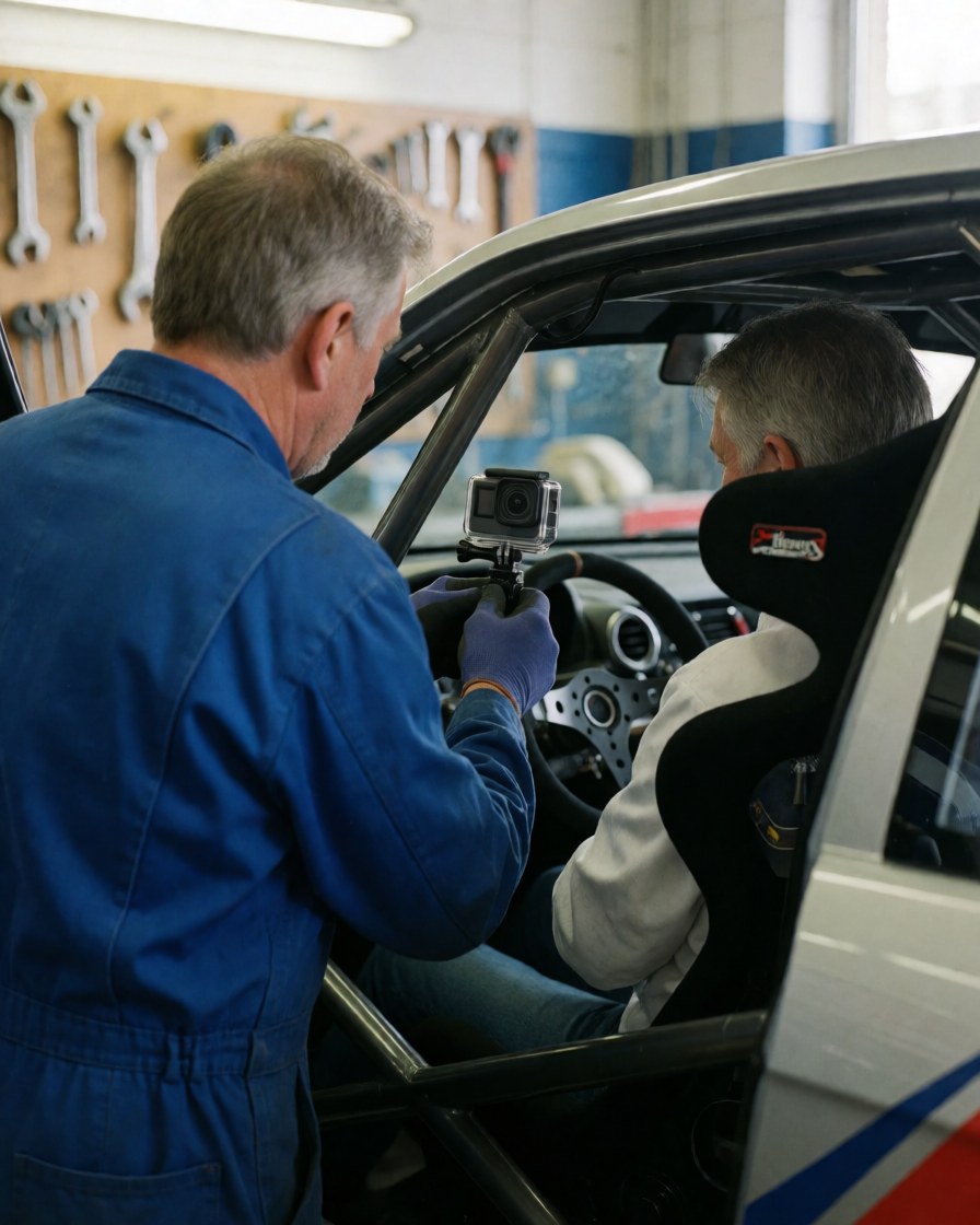 Mécanicien en combinaison bleue ajuste une caméra d'action à l'intérieur d'une voiture de course équipée d'un arceau de sécurité, dans un atelier avec des outils suspendus.