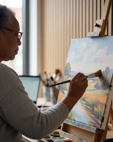 Une femme portant des lunettes peint un paysage sur un chevalet avec un pinceau et une palette dans un studio aux murs en bois clair.