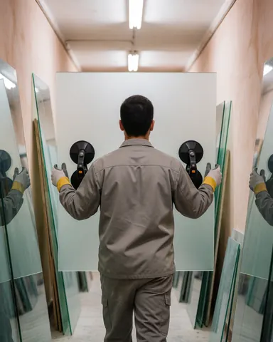 Un professionnel transporte un panneau de verre à l'aide de ventouses dans un atelier avec des murs en plâtre et un éclairage fluorescent.