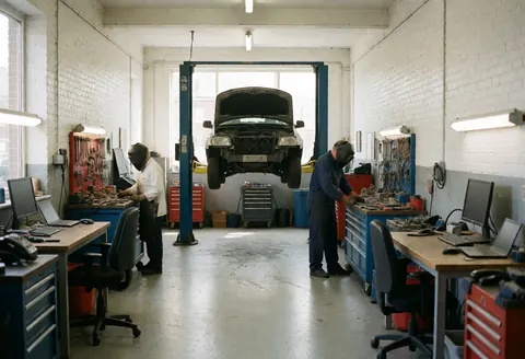 Voiture sur élévateur dans un garage avec murs en briques blanches, outils suspendus et tables de travail.