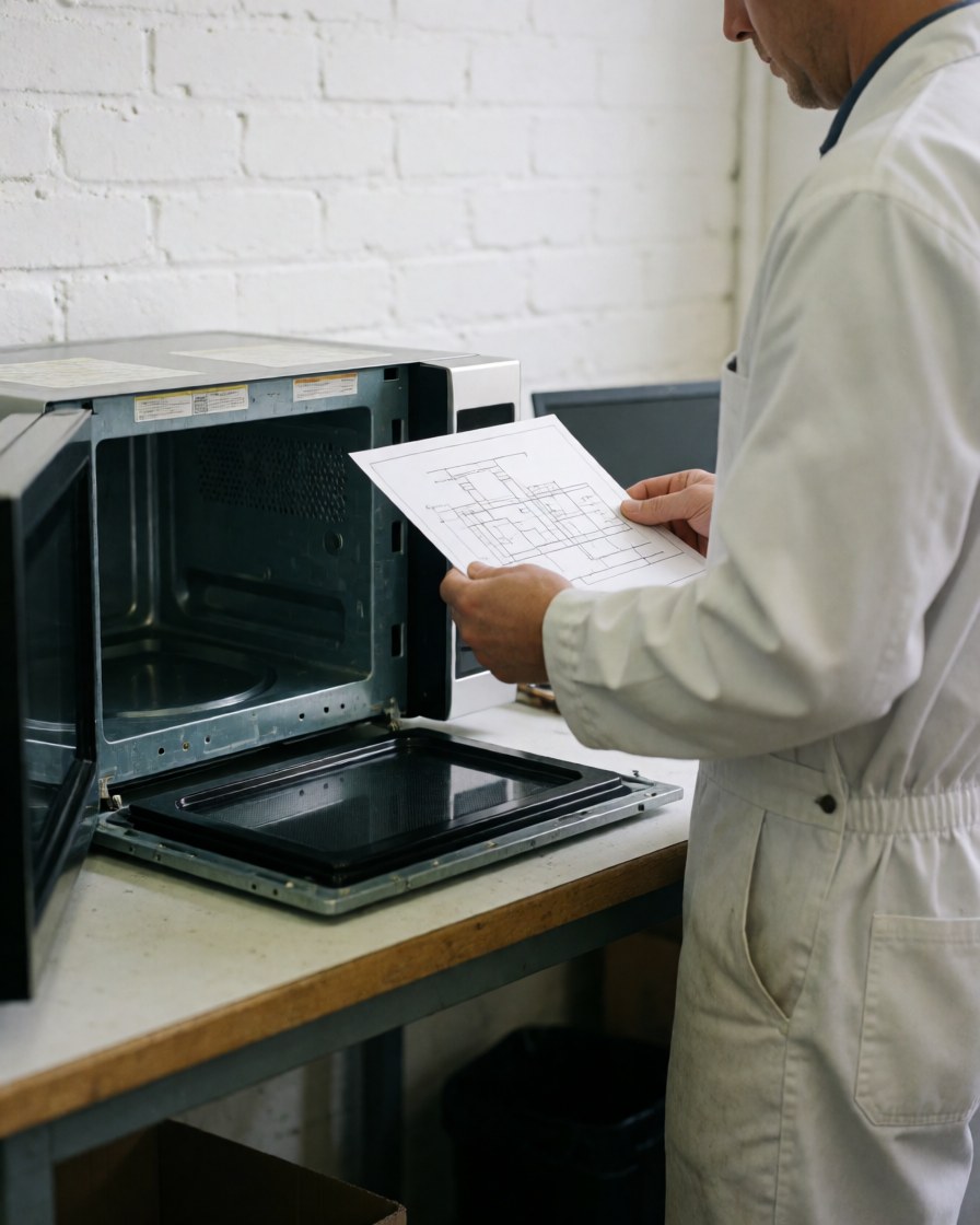 Un technicien en uniforme blanc consulte un schéma technique à côté d'un micro-ondes démonté sur une table de travail dans un atelier à mur de briques blanches.