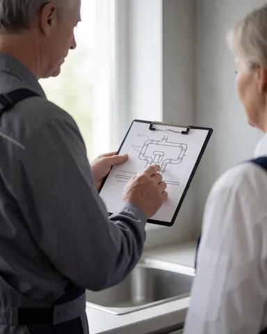 Un plombier en uniforme gris montre un diagramme de tuyauterie à un client dans une cuisine moderne avec un évier en acier inoxydable.