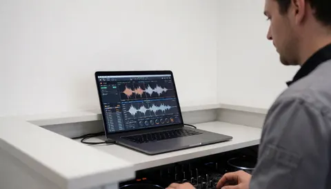 Vue de profil d'un DJ utilisant son matériel sur une table avec un ordinateur portable affichant des formes d'onde et un mixeur de son sur un fond blanc propre pour une page d'accueil de site web