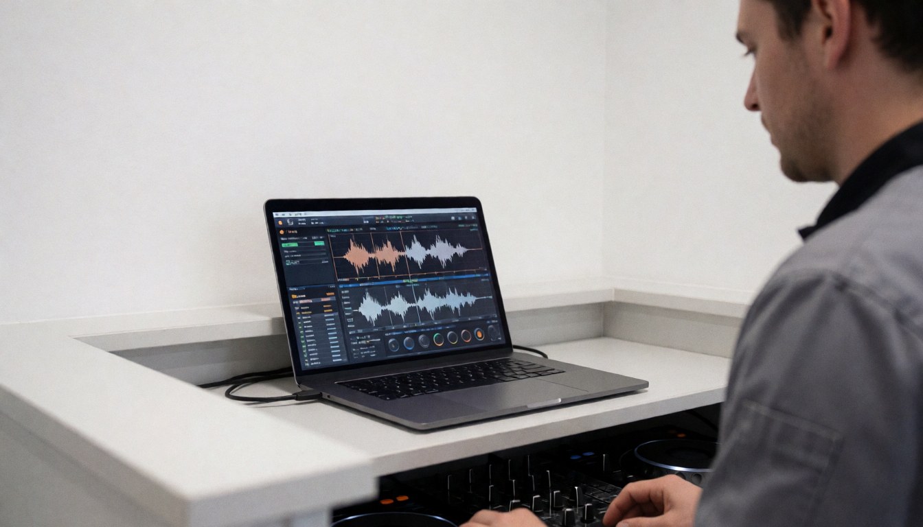 Vue de profil d'un DJ utilisant son matériel sur une table avec un ordinateur portable affichant des formes d'onde et un mixeur de son sur un fond blanc propre pour une page d'accueil de site web