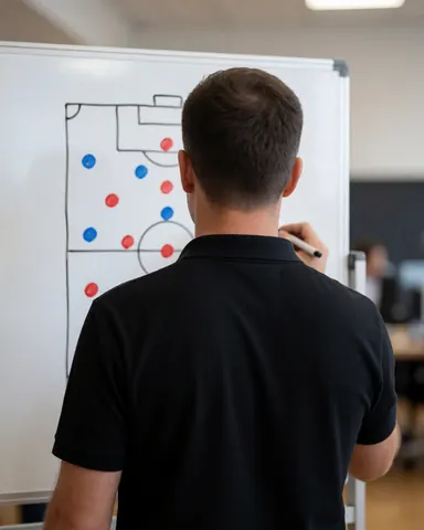 Entraîneur de football dessinant une tactique sur un tableau blanc avec un diagramme de terrain et des points rouges et bleus dans un gymnase.
