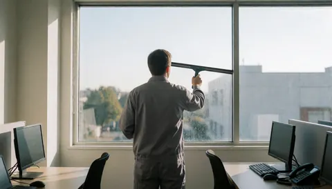 Nettoyeur professionnel en uniforme gris nettoyant une grande fenêtre de bureau avec une raclette, baigné de lumière naturelle et dans un environnement ordonné.