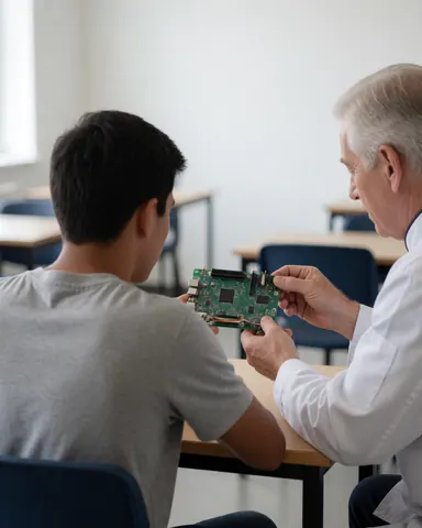 Un mentor guide un étudiant en robotique tenant une carte de circuit dans une salle de classe lumineuse avec des tables.