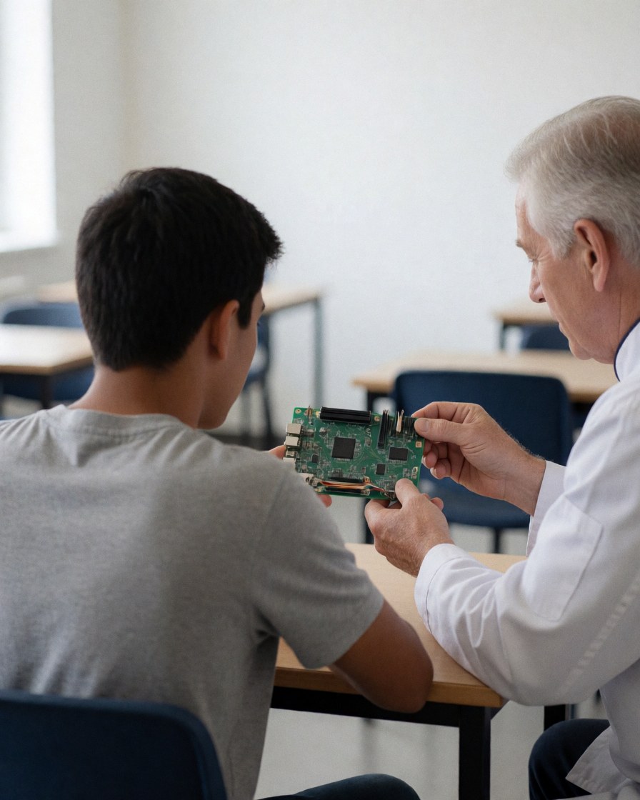 Un mentor guide un étudiant en robotique tenant une carte de circuit dans une salle de classe lumineuse avec des tables.