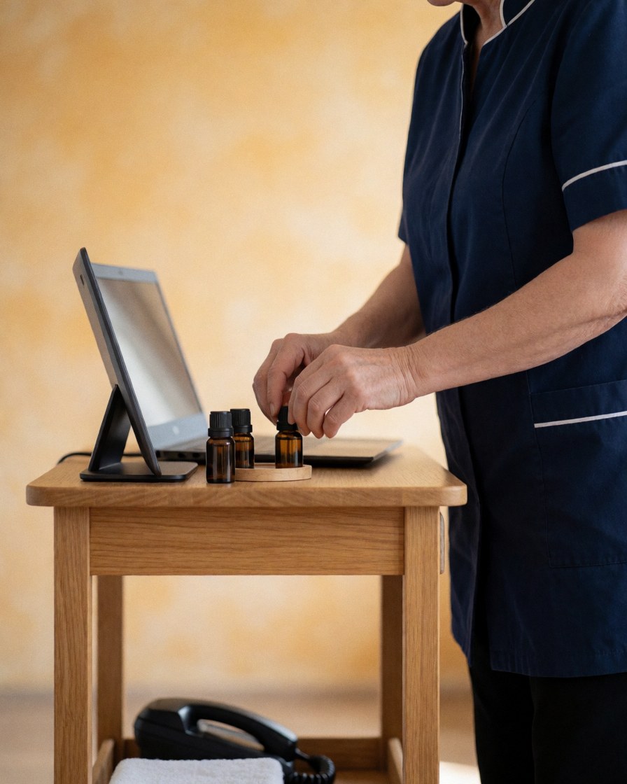 Un thérapeute en uniforme bleu prépare des huiles essentielles sur une table en bois dans un cadre professionnel et chaleureux.
