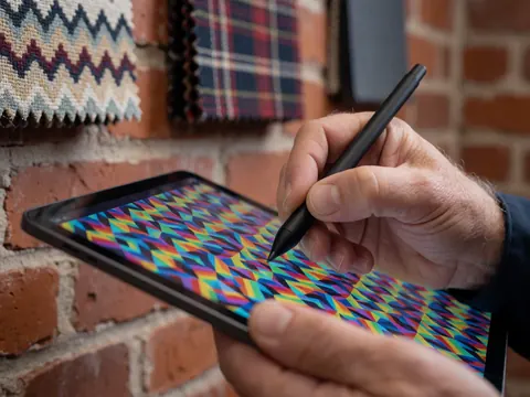 Main dessinant un motif géométrique vibrant sur une tablette, avec des échantillons de tissu et un mur de briques en arrière-plan pour le design textile.