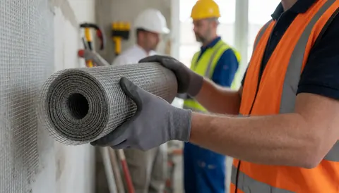 Un travailleur portant un casque et un gilet de sécurité tient une section de treillis d'armature sur un chantier de construction avec des outils en arrière-plan.