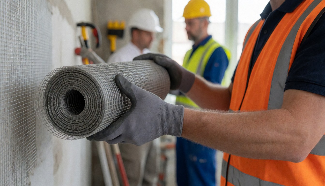 Un travailleur portant un casque et un gilet de sécurité tient une section de treillis d'armature sur un chantier de construction avec des outils en arrière-plan.