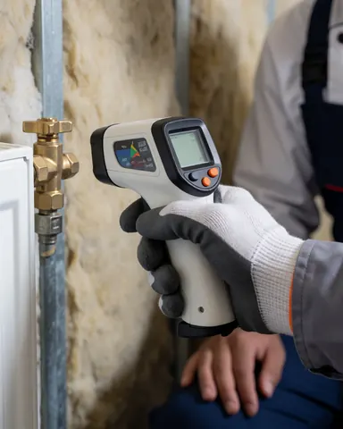 Un technicien en gant vérifie une vanne en bronze sur un mur isolé à l'aide d'un thermomètre digital lors d'une intervention de maintenance.
