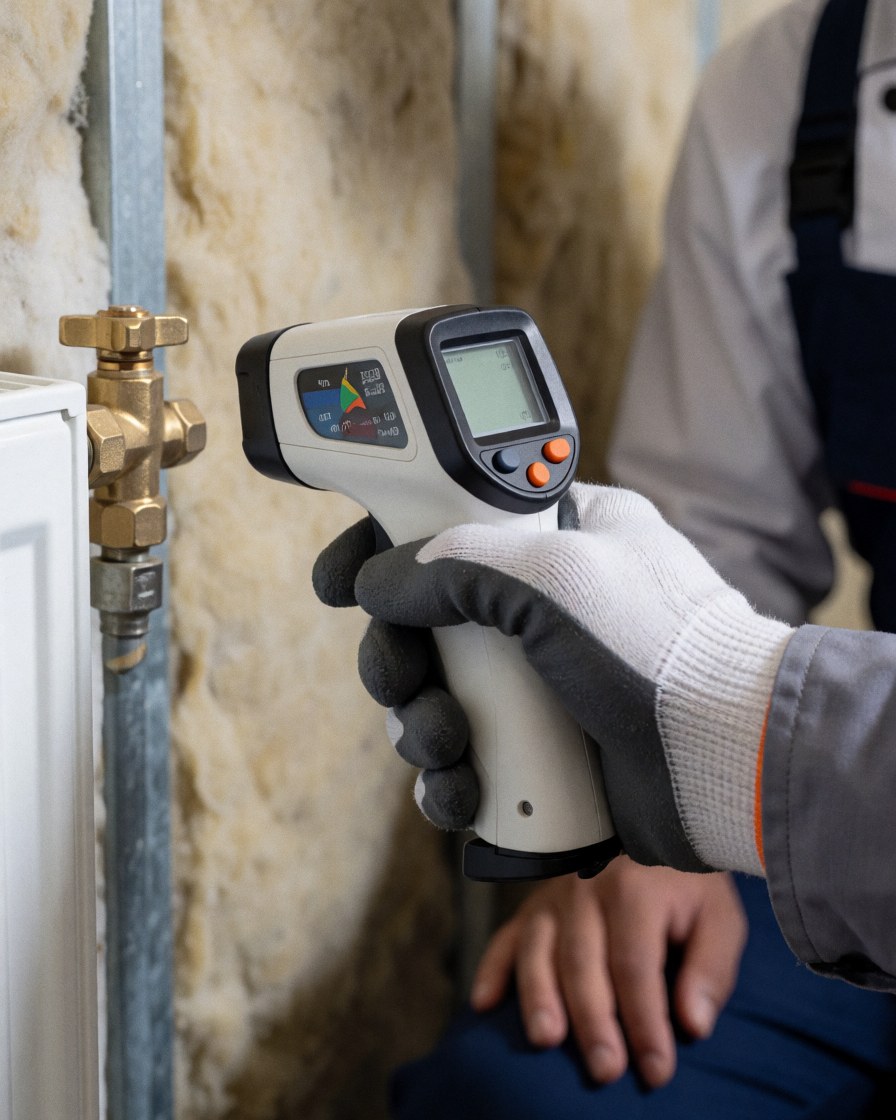 Un technicien en gant vérifie une vanne en bronze sur un mur isolé à l'aide d'un thermomètre digital lors d'une intervention de maintenance.