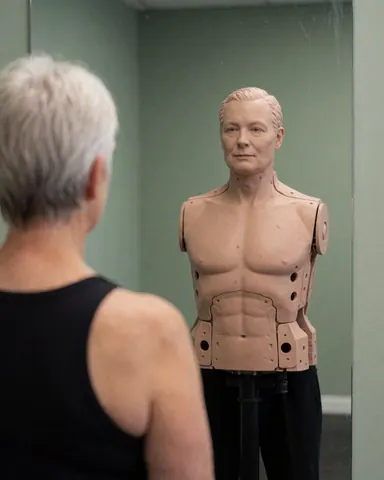 Une femme adulte ajuste la posture d'un mannequin d'entraînement devant un miroir dans un gymnase aux murs verts.