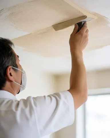 Un ouvrier portant un masque applique de l'enduit sur un plafond intérieur éclairé par la lumière naturelle, démontrant une technique professionnelle de finition.