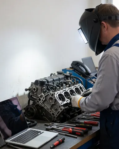 Mécanicien portant un casque de soudage travaillant sur un moteur de moto posé sur une table d'atelier avec des outils, un mur blanc et une lumière vive.