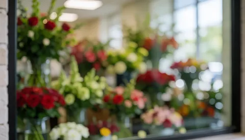Vue d'une fenêtre de fleuriste avec un effet bokeh, présentant des fleurs rouges, vertes et jaunes dans des vases, idéale pour un texte promotionnel.