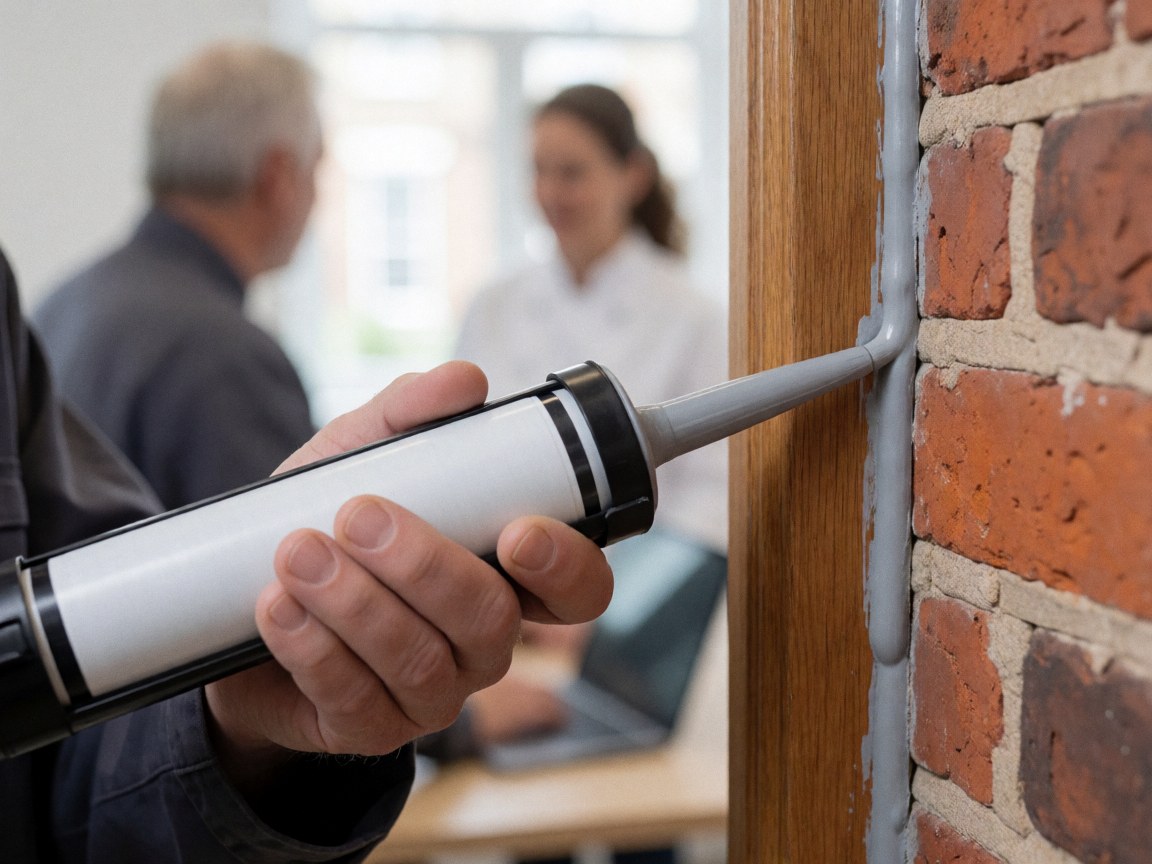 Un professionnel applique du mastic gris sur le joint entre un encadrement en bois et un mur en briques, dans le cadre d'une intervention de pose ou de réparation.