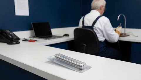 Produit en blister posé sur un comptoir blanc dans un studio de piercing, avec un professionnel travaillant en arrière-plan.