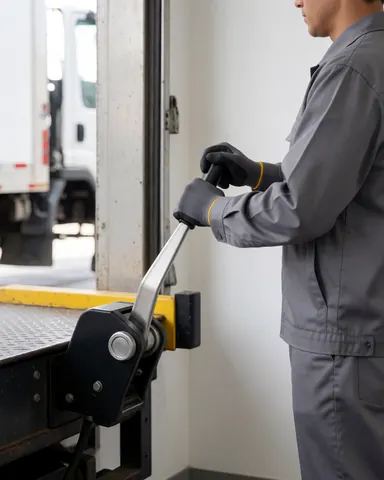 Un employé portant des gants de sécurité manœuvre un transpalette manuel à proximité d'un camion à hayon ouvert dans un entrepôt logistique.