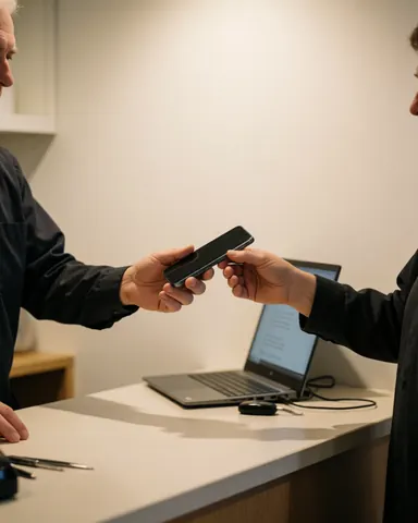 Un technicien remet un téléphone portable réparé à un client derrière un comptoir propre avec un ordinateur portable et des murs blancs.