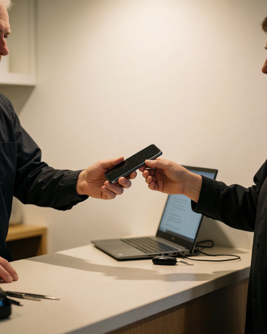 Un technicien remet un téléphone portable réparé à un client derrière un comptoir propre avec un ordinateur portable et des murs blancs.