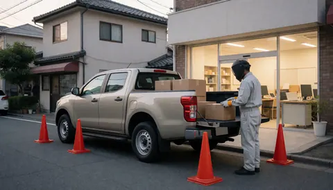 Un employé en uniforme charge des cartons dans le coffre d'une camionnette devant un magasin avec des cônes de signalisation orange.