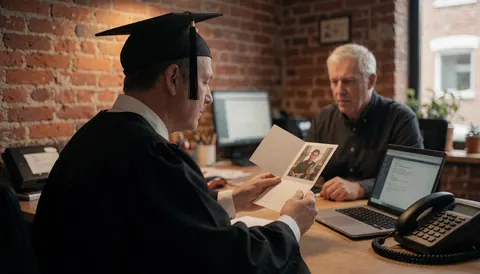 Un diplômé portant une toge examine une lettre accompagnée d'une photo dans un bureau avec un mur en briques, créant une ambiance professionnelle et chaleureuse.