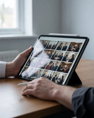 Des mains utilisant un stylet pour examiner des photos d'événements sur une tablette posée sur un bureau en bois dans un bureau lumineux.