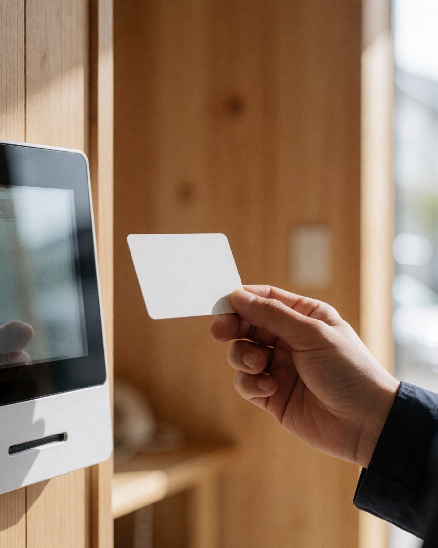 Une main tenant une carte de membre devant un lecteur numérique dans un club sportif moderne avec un mur en bois et une lumière naturelle.