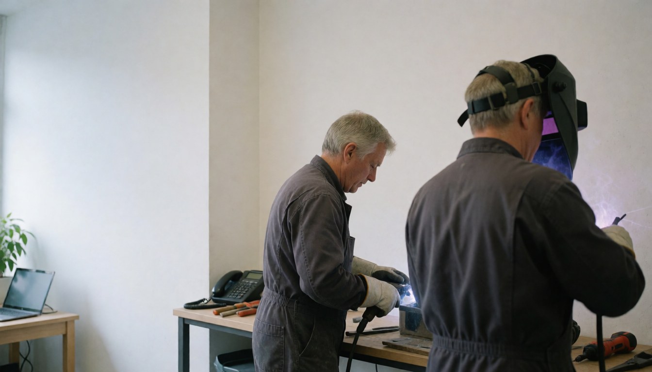 Intervention de service en cours sur un four industriel, avec des techniciens utilisant des outils professionnels pour la maintenance et la réparation de l'équipement.
