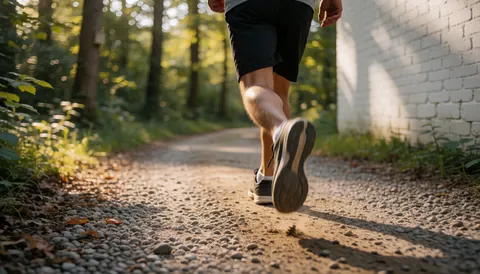 Chaussures de sport posées sur un sentier en gravier avec un mur de briques blanches et une forêt en arrière-plan sous la lumière dorée du coucher de soleil.