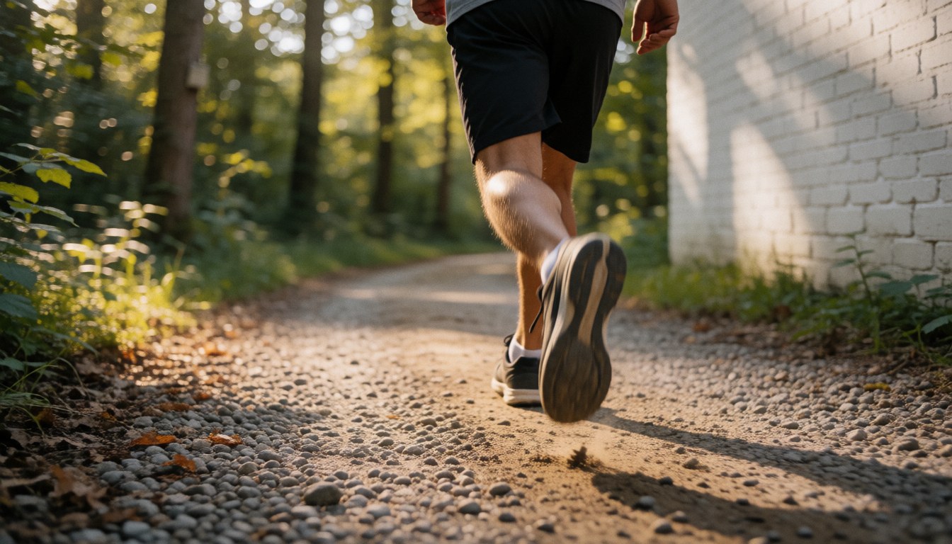 Chaussures de sport posées sur un sentier en gravier avec un mur de briques blanches et une forêt en arrière-plan sous la lumière dorée du coucher de soleil.